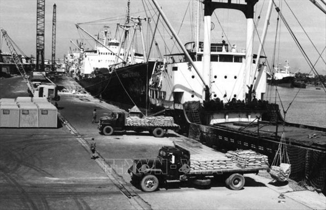Ngày 5/4/1988, Bộ Chính trị ra Nghị quyết 10/NQ–TW về đổi mới quản lý kinh tế nông nghiệp. Chỉ một năm sau, từ một nước phải nhập lương thực, Việt Nam không chỉ đảm bảo lương thực trong nước mà còn xuất khẩu được hơn 1 triệu tấn gạo. Trong ảnh: Xuất khẩu gạo tại cảng Sài Gòn. Ảnh: TTXVN