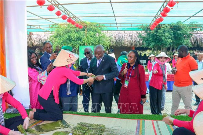  Chủ tịch Quốc hội Cộng hòa Dân chủ Congo Vital Kamerhe trải nghiệm gói bánh tét ở Sông Hậu Farm, huyện Cờ Đỏ. Ảnh: Thanh Liêm - TTXVN