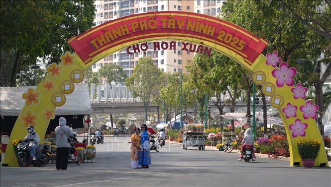 Chợ hoa Xuân Tây Ninh thu hút khách tham quan, mua sắm. Ảnh: Minh Phú – TTXVN