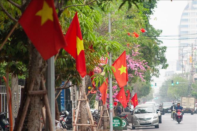 Đường phố tại thành phố Thái Bình rợp cờ hoa đón Tết Nguyên đán Ất Tỵ 2025. Ảnh: Vũ Quang - TTXVN