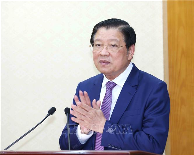 Đồng chí Phan Đình Trạc, Uỷ viên Bộ Chính trị, Bí thư Trung ương Đảng, Trưởng Ban Nội chính Trung ương phát biểu tại hội nghị. Ảnh: Phương Hoa - TTXVN