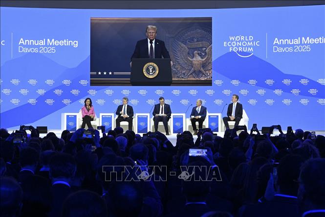 Tổng thống Mỹ Donald Trump phát biểu trực tuyến tại Diễn đàn Kinh tế Thế giới Davos, Thụy Sĩ, ngày 23/1/2025. Ảnh: AA/TTXVN