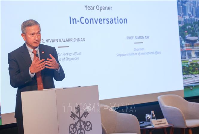 Bộ trưởng Ngoại giao Singapore Vivian Balakrishnan phát biểu nhân kỷ niệm 60 năm Ngày độc lập của Singapore. Ảnh: Ngọc Khương - PV TTXVN tại Singapore