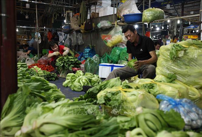 Quầy bán rau xanh tại chợ Phùng Khoang, Thanh Xuân, Hà Nội. Ảnh: Vũ Sinh - TTXVN