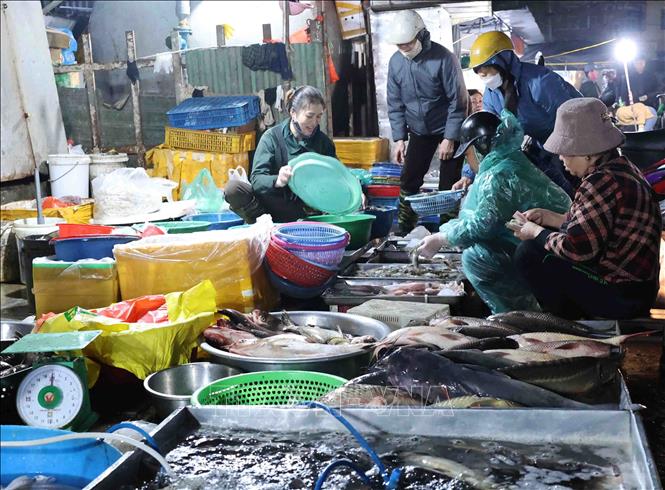 Mua, bán thực phẩm tươi sống tại chợ Nam Từ Liêm, Hà Nội. Ảnh: Vũ Sinh - TTXVN