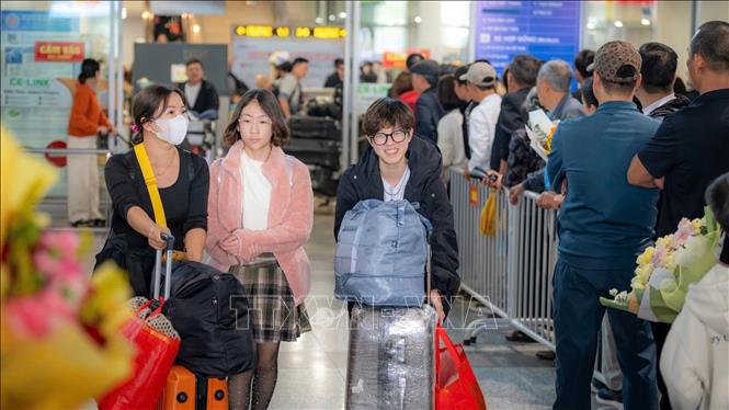 Hành khách từ nước ngoài trở về Việt Nam đón Tết tại nhà ga T2, sân bay quốc tế Nội Bài, sáng 27/1. Ảnh: TTXVN