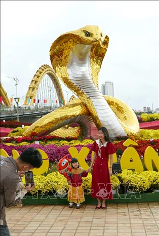 Visitors take a photo with the golden cobra, a decoration marking the Year of the Snake at Bach Dang walking street. VNA Photo: Quốc Dũng