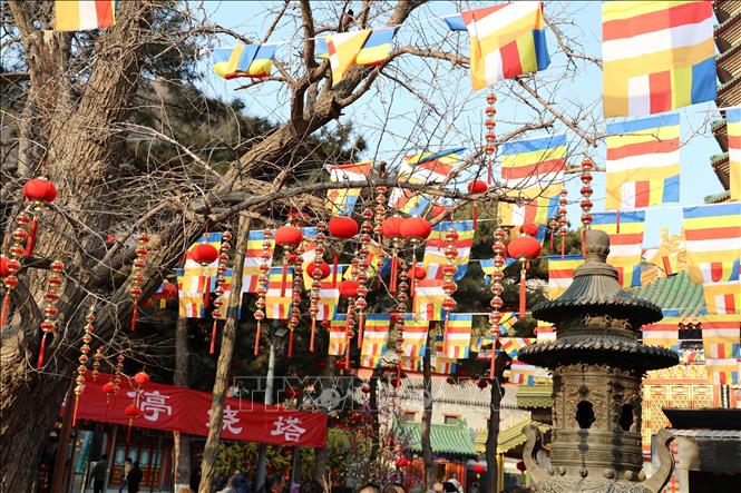 Quang cảnh trang hoàng của chùa Linh Quang Tự. Ảnh: Quang Hưng - Phóng viên TTXVN tại Trung Quốc.