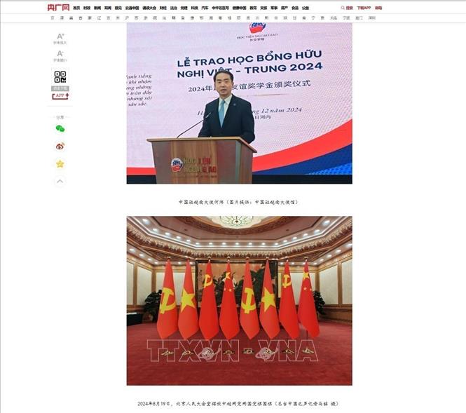 Đại sứ Trung Quốc tại Việt Nam Hà Vĩ trả lời phỏng vấn kênh Tiếng nói Trung Quốc thuộc Đài Phát thanh-Truyền hình Trung ương Trung Quốc về thúc đẩy kết nối hạ tầng đường sắt, hợp tác du lịch, giao lưu nhân văn... giữa hai nước Việt - Trung. Ảnh: Công Tuyên - PV TTXVN tại Bắc Kinh