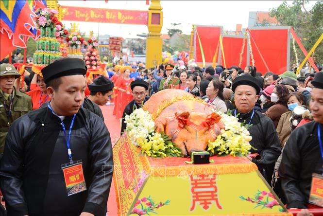 Heo quay được dâng lên các bậc tổ tiên trong Lễ hội Tiên Công. Ảnh: Thanh Vân- TTXVN