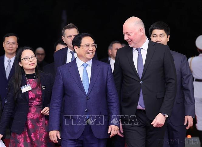 Thủ tướng Phạm Minh Chính hội kiến Chủ tịch Quốc hội Bulgaria Rossen Dimitrov Jeliazkov thăm chính thức Việt Nam (Hà Nội, 8/1/2024). Ảnh: Dương Giang-TTXVN
