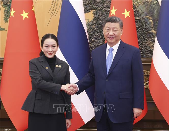 Chủ tịch Trung Quốc Tập Cận Bình (phải) và Thủ tướng Thái Lan Paetongtarn Sinawatra tại cuộc gặp ở Bắc Kinh ngày 6/2/2025. Ảnh: THX/TTXVN