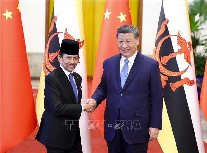 Chủ tịch Trung Quốc Tập Cận Bình (phải) và Quốc vương Brunei Haji Hassanal Bolkiah Mu'izzaddin Waddaulah tại cuộc gặp ở Bắc Kinh, Trung Quốc, ngày 6/2/2025. Ảnh: THX/TTXVN