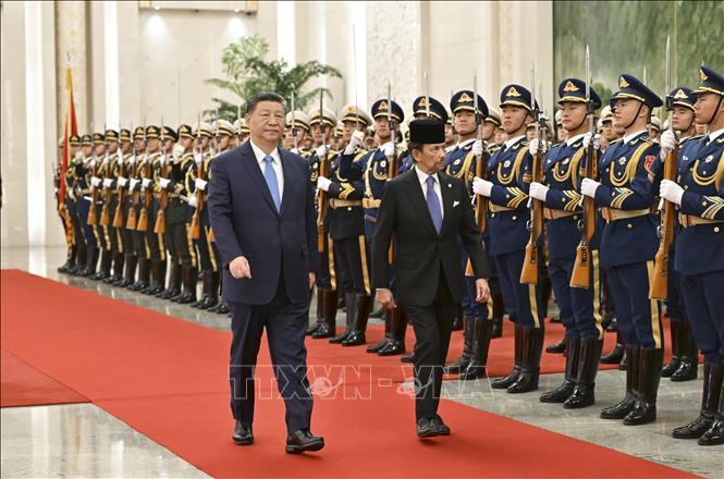 Chủ tịch Trung Quốc Tập Cận Bình và Quốc vương Brunei Haji Hassanal Bolkiah Mu'izzaddin Waddaulah duyệt đội danh dự tại lễ đón ở Bắc Kinh, Trung Quốc, ngày 6/2/2025. Ảnh: THX/TTXVN