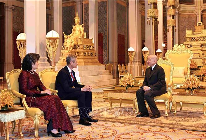Quốc vương Norodom Sihamoni (phải) tiếp Đại sứ Việt Nam Nguyễn Minh Vũ tại Cung điện Hoàng gia Campuchia ở thủ đô Phnom Penh. Ảnh: TTXVN phát