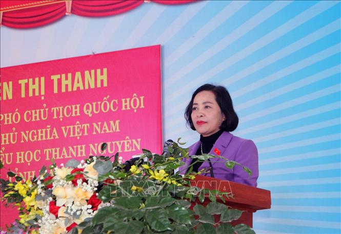 Phó Chủ tịch Quốc hội Nguyễn Thị Thanh phát biểu tại Trường Tiểu học Thanh Nguyên. Ảnh: Nguyễn Chinh - TTXVN