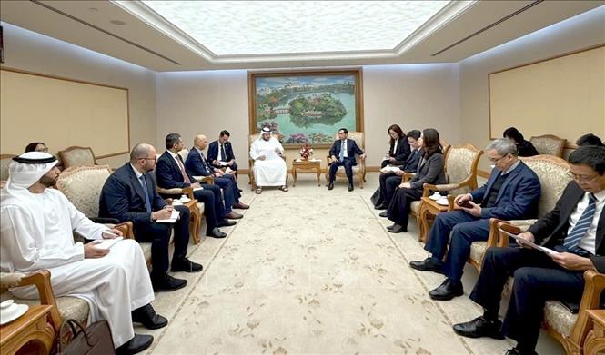 Deputy Prime Minister, Foreign Minister Bui Thanh Son receives UAE Minister of Investment Mohamed Alsuwaidi. VNA Photo by courtesy