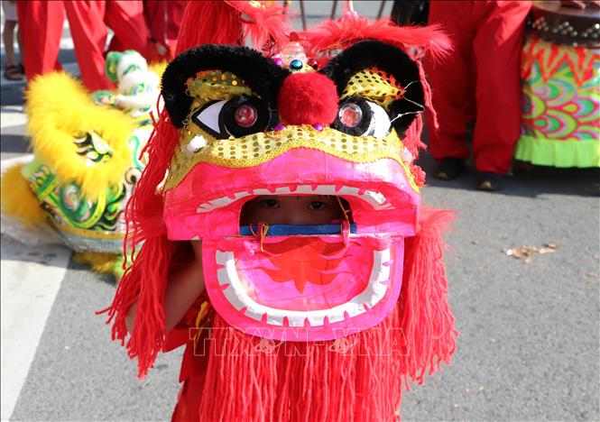 Chú lân nhí biểu diễn trên phố Bình Dương. Ảnh: Huyền Trang - TTXVN 
