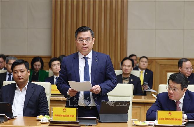  Ngân hàng thương mại cổ phần Ngoại thương Việt Nam Nguyễn Thanh Tùng phát biểu. Ảnh: Dương Giang-TTXVN 