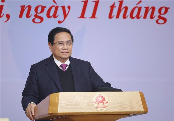 Thủ tướng Phạm Minh Chính kết luận Hội nghị Thường trực Chính phủ làm việc với các ngân hàng thương mại. Ảnh: Dương Giang-TTXVN