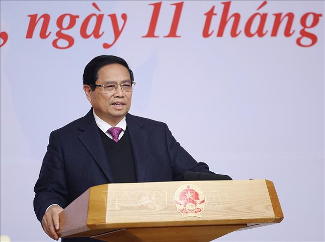 Thủ tướng Phạm Minh Chính kết luận Hội nghị Thường trực Chính phủ làm việc với các ngân hàng thương mại. Ảnh: Dương Giang-TTXVN