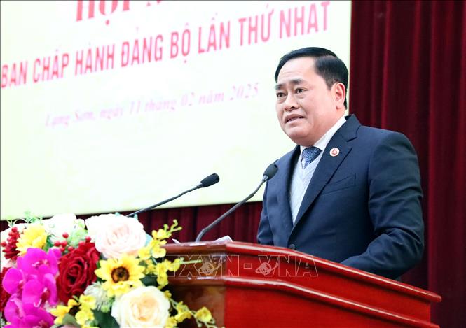 Bí thư Đảng bộ, Chủ tịch UBND tỉnh Lạng Sơn Hồ Tiến Thiệu phát biểu tại hội nghị. Ảnh: Văn Đạt - TTXVN