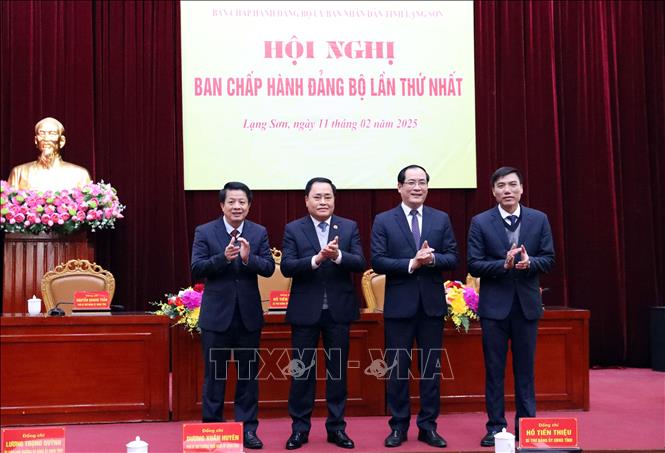 Ông Hồ Tiến Thiệu, Chủ tịch UBND tỉnh làm Bí thư; Ông Dương Xuân Huyên, Phó Chủ tịch Thường trực UBND tỉnh làm Phó Bí thư Thường trực. Các ông Nguyễn Quang Tuấn, Bí thư Huyện ủy Văn Quan và Nguyễn Văn Toán, Phó ban Tổ chức Tỉnh ủy làm Phó Bí thư chuyên trách ra mắt hội nghị. Ảnh: Văn Đạt - TTXVN