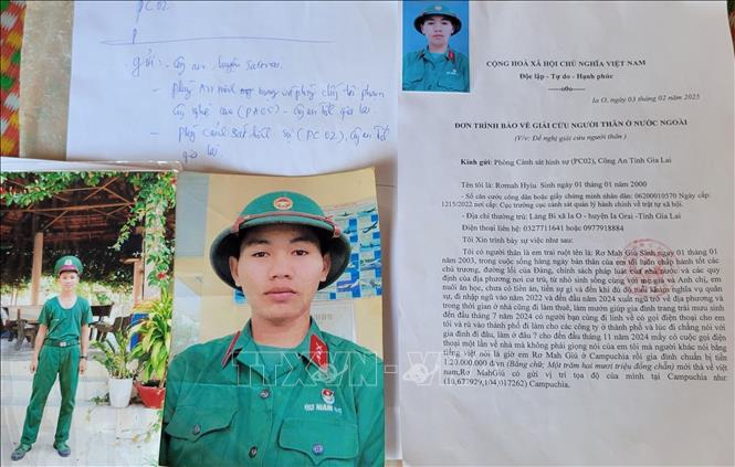 Hình ảnh của anh Rơ Mah Giú, trú tại làng Bi, xã Ia O, huyện Ia Grai, tỉnh Gia Lai và Đơn trình báo giải cứu của gia đình. Ảnh: Hoài Nam - TTXVN