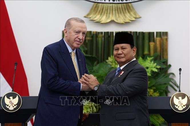 Tổng thống Indonesia Prabowo Subianto (phải) và Tổng thống Thổ Nhĩ Kỳ Recep Tayyip Erdogan tại cuộc họp báo chung ở Bogor, Indonesia, ngày 12/2/2025. Ảnh: AA/TTXVN