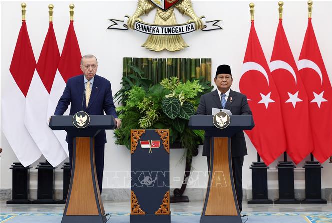 Tổng thống Indonesia Prabowo Subianto (phải) và Tổng thống Thổ Nhĩ Kỳ Recep Tayyip Erdogan tại cuộc họp báo chung ở Bogor, Indonesia, ngày 12/2/2025. Ảnh: AA/TTXVN