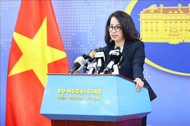 Người phát ngôn Bộ Ngoại giao Phạm Thu Hằng chủ trì họp báo. Ảnh: Minh Đức - TTXVN