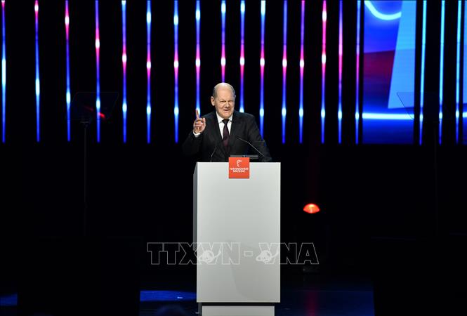 (Tư liệu) Thủ tướng Đức Olaf Scholz phát biểu tại Hanover, Đức. Ảnh: THX/TTXVN