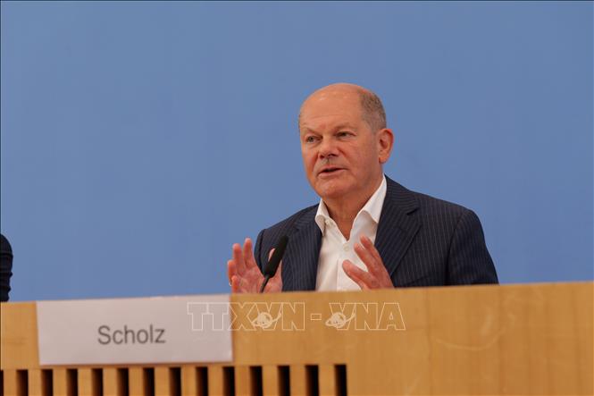 (Tư liệu) Thủ tướng Đức Olaf Scholz phát biểu tại cuộc họp báo ở Berlin, Đức. Ảnh: THX/TTXVN