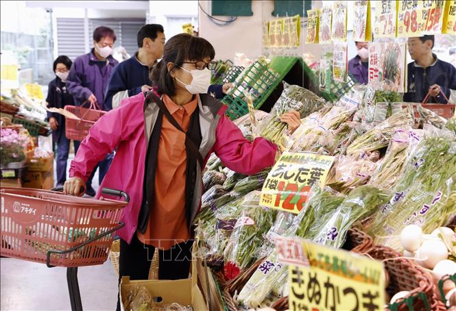 Người dân mua thực phẩm tại siêu thị ở Tokyo, Nhật Bản. Ảnh: Kyodo/TTXVN