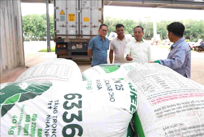 Sản phẩm của nhà xưởng sản xuất phân bón trong Khu Liên hợp Snuol (huyện Snuol, tỉnh Kratie, Campuchia) của công ty THACO AGRI. Ảnh: Huỳnh Thảo - PV TTXVN tại Campuchia