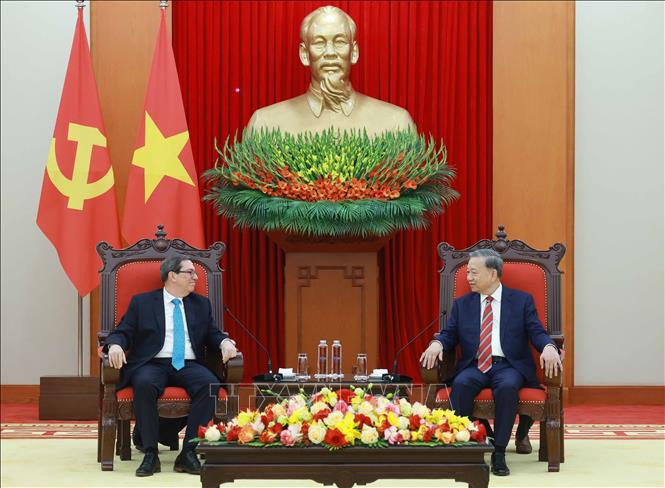 Party General Secretary To Lam receives Cuba's Politburo member and Minister of Foreign Affairs Bruno Rodriguez Parrilla. VNA Photo: Thống Nhất 