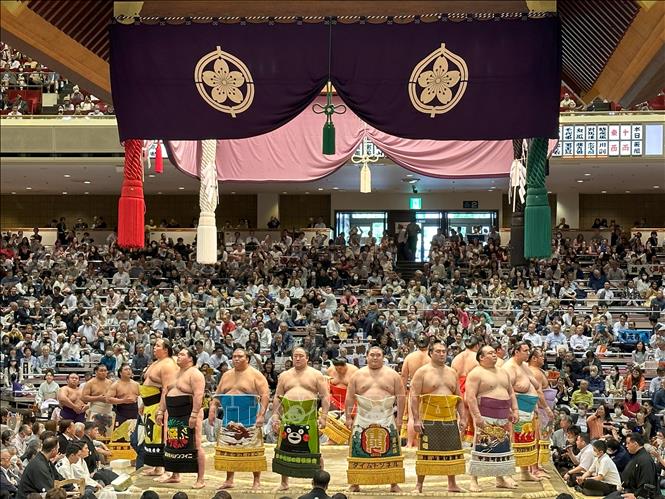 Các võ sĩ Sumo trong chiếc tạp dề Kesho-mawashi truyền thống chào khán giả hâm mộ trong giải đầu mùa xuân tại thủ đô Tokyo. Ảnh: Nguyễn Tuyến - PV TTXVN tại Nhật Bản

