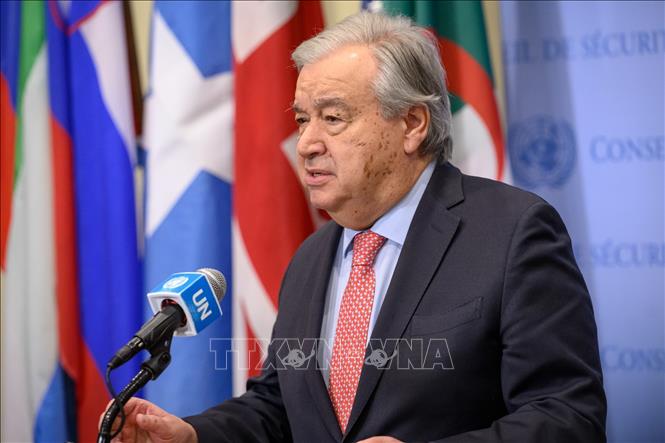 Tổng Thư ký LHQ Antonio Guterres phát biểu tại cuộc họp báo ở New York, Mỹ. Ảnh: THX/TTXVN