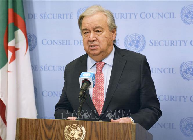 Tổng Thư ký LHQ Antonio Guterres phát biểu tại cuộc họp báo ở New York, Mỹ. Ảnh: Kyodo/TTXVN