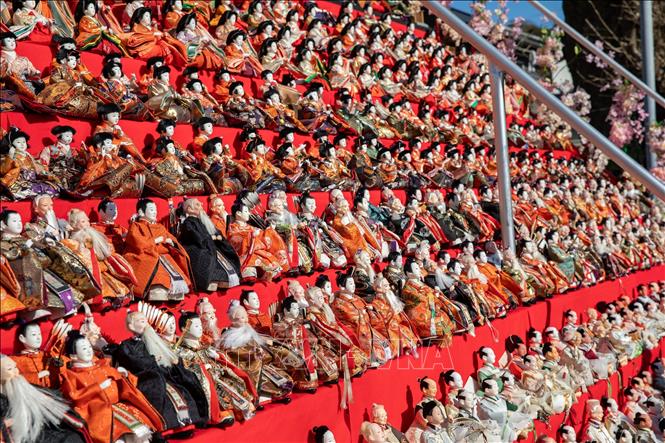 Kệ búp bê đa dạng được sắp xếp theo địa vị xã hội Nhật Bản ngày xưa. Ảnh: Xuân Giao – PV TTXVN tại Nhật Bản