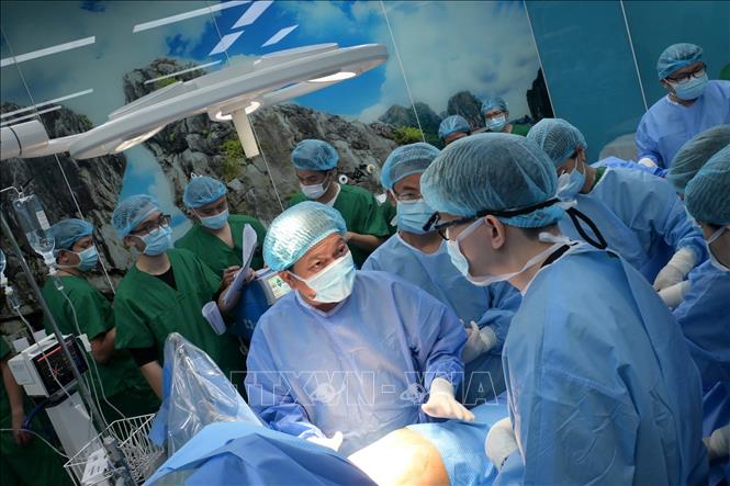 TTƯT.TS.BS. Đinh Văn Lượng tham gia ca phẫu thuật ghép phổi cho bệnh nhân Phạm Anh Thư vào chiều 30 Tết năm Giáp Thìn. Ảnh: TTXVN phát