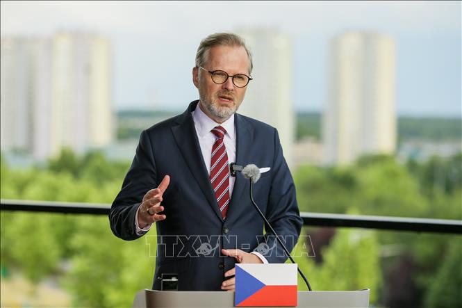 (Tư liệu) Thủ tướng CH Séc Petr Fiala phát biểu tại cuộc họp báo ở Katowice, Ba Lan. Ảnh: PAP/TTXVN
