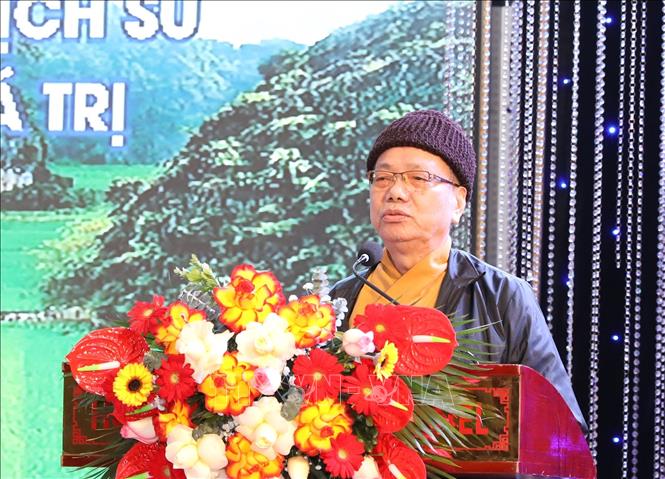 Hòa thượng, Tiến sỹ Thích Thanh Đạt, Chủ tịch Hội đồng Khoa học, Học viện Phật giáo Việt Nam tại Hà Nội, phát biểu tại Hội thảo. Ảnh: Đức Phương - TTXVN