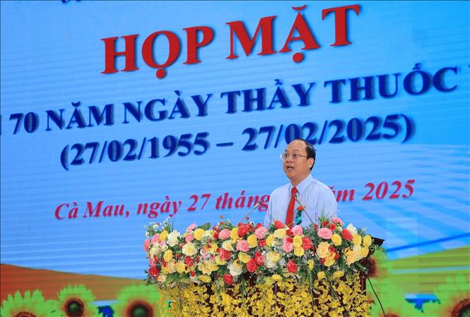 Bí thư Tỉnh ủy Cà Mau Nguyễn Hồ Hải phát biểu tại buổi họp mặt. Ảnh: Huỳnh Anh - TTXVN