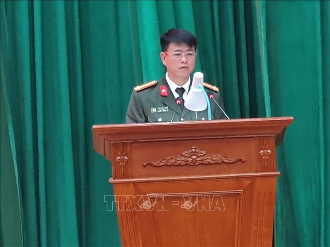 Đại tá Thân Văn Hải, Giám đốc Công an tỉnh Vĩnh Phúc phát biểu chỉ đạo lực lượng Công an tỉnh thực hiện nhiệm công tác bảo đảm sau khi triển khai mô hình tổ chức mới. Ảnh: Nguyễn Trọng Lịch- TTXVN 