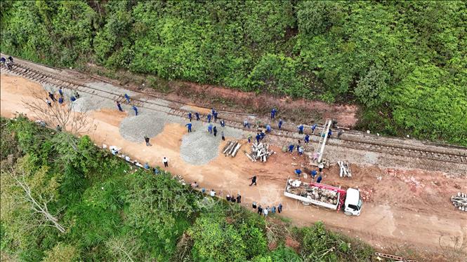 hàng trăm công nhân được huy động để tập trung sửa chữa, khắc phục sự cố lật tàu. Ảnh: Hữu Quyết - TTXVN
