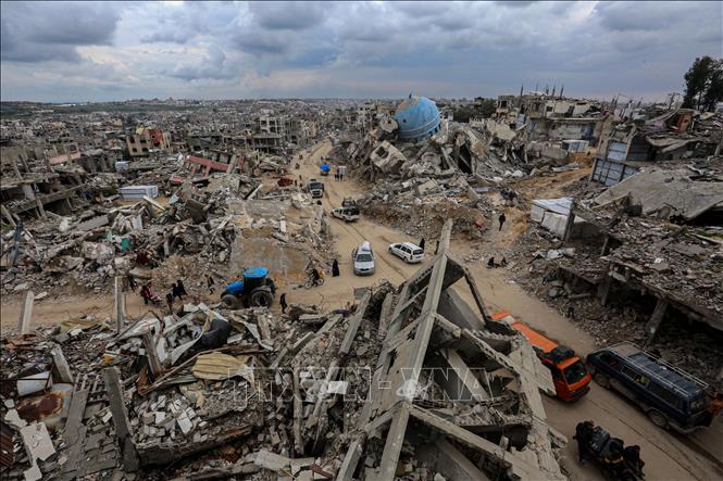 Cảnh đổ nát do chiến sự tại Beit Hanoun, Dải Gaza, ngày 19/2/2025. Ảnh: THX/TTXVN