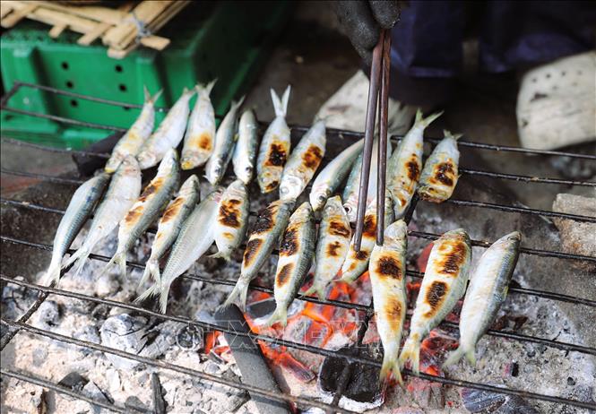 Grilled sardines on hot charcoal. VNA Photo: Xuân Tiến