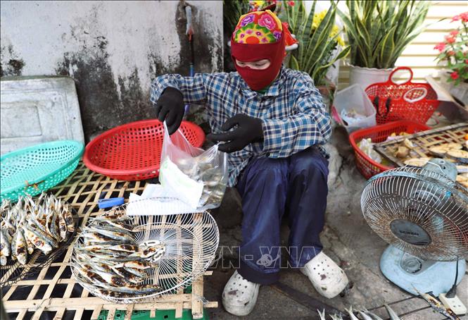 A local selling grilled sardine in Dien Chau district, Nghe An province. VNA Photo: Xuân Tiến