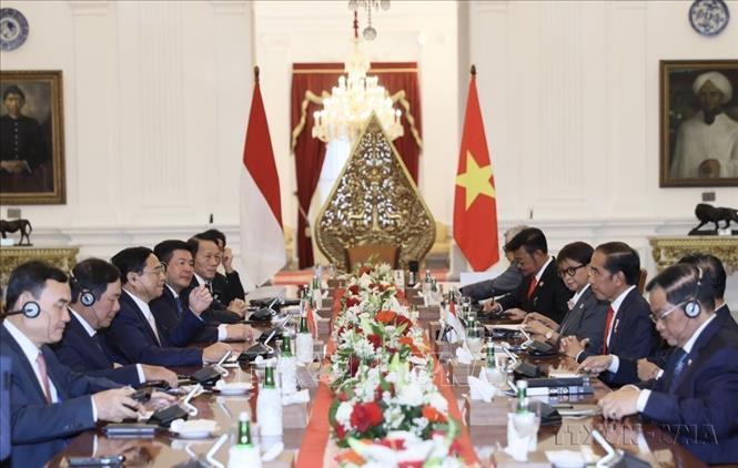 Thủ tướng Phạm Minh Chính hội kiến Tổng thống Indonesia Joko Widodo (Jakarta, 4/9/2023). Ảnh: Dương Giang-TTXVN